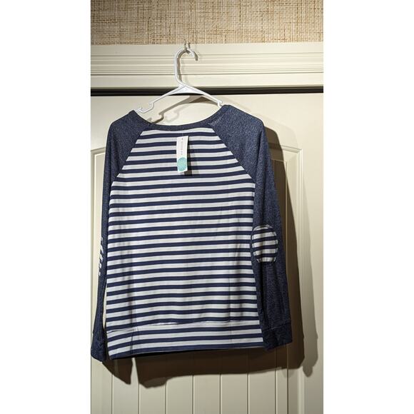 Loveappella Malbec Elbow Patch Blue Striped Knit Top Womens Sz M - Picture 9 of 12